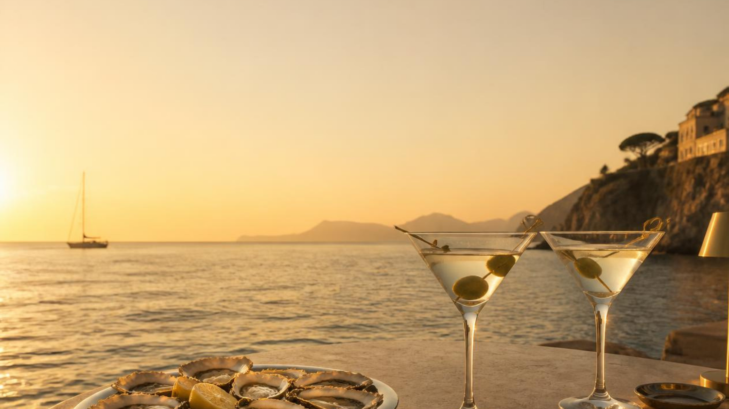 Two martini glasses with olives on a table overlooking a sunset sea scene, with a plate of oysters in the foreground and a sailboat on the water.